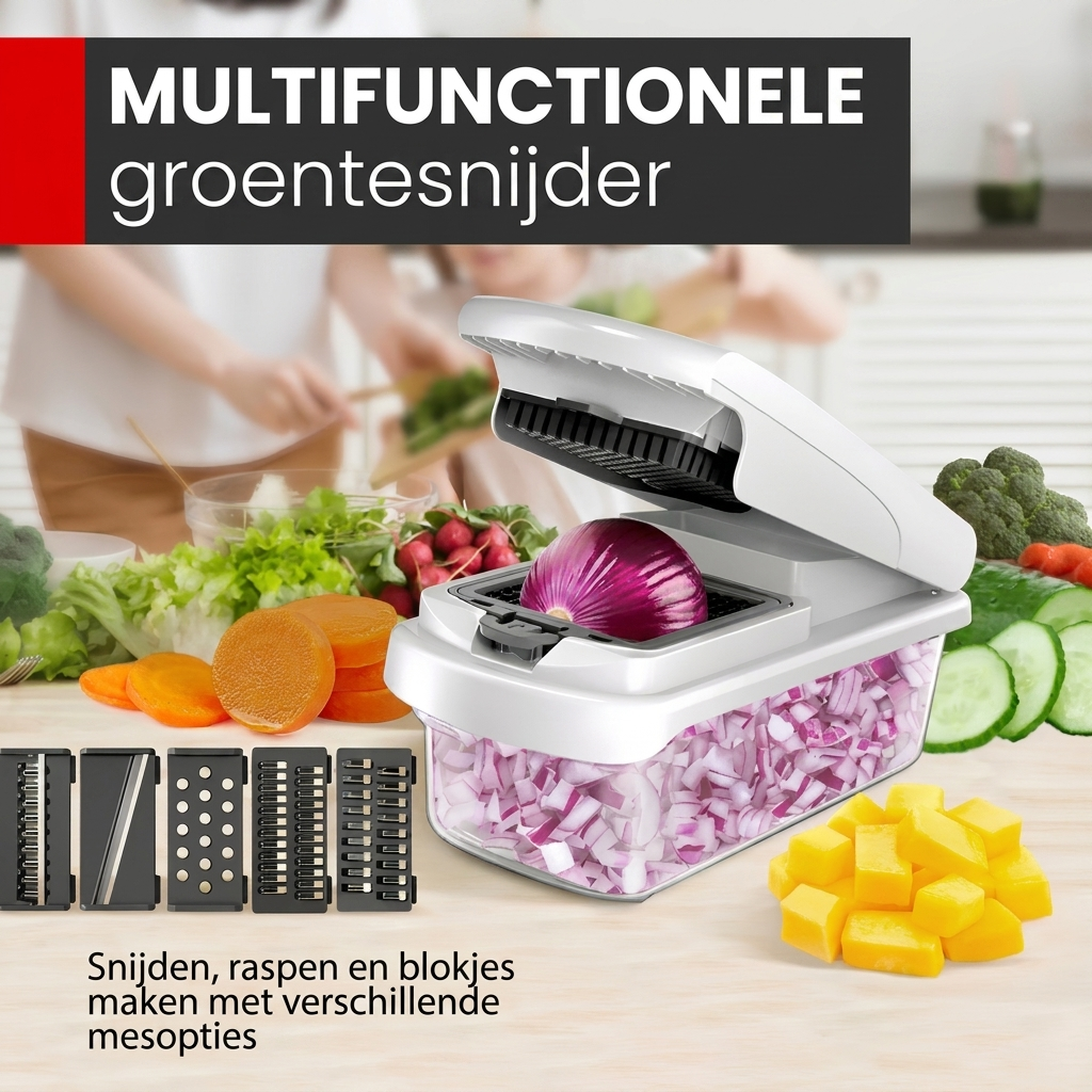 Compacte groentesnijder met diverse opzetstukken voor julienne, blokjes en plakjes. Ideaal voor gezonde maaltijden.