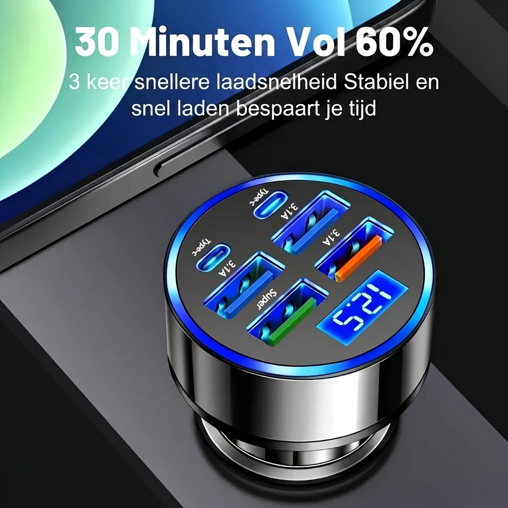 Compacte mvb26 snellader voor in de auto, met twee USB-poorten om gelijktijdig telefoons en tablets op te laden.