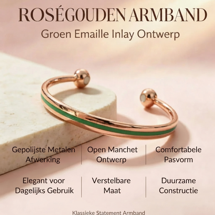 Elegante verstelbare dames armband (CJ26) in roségoud met minimalistisch groen detail, een modern sieraad.