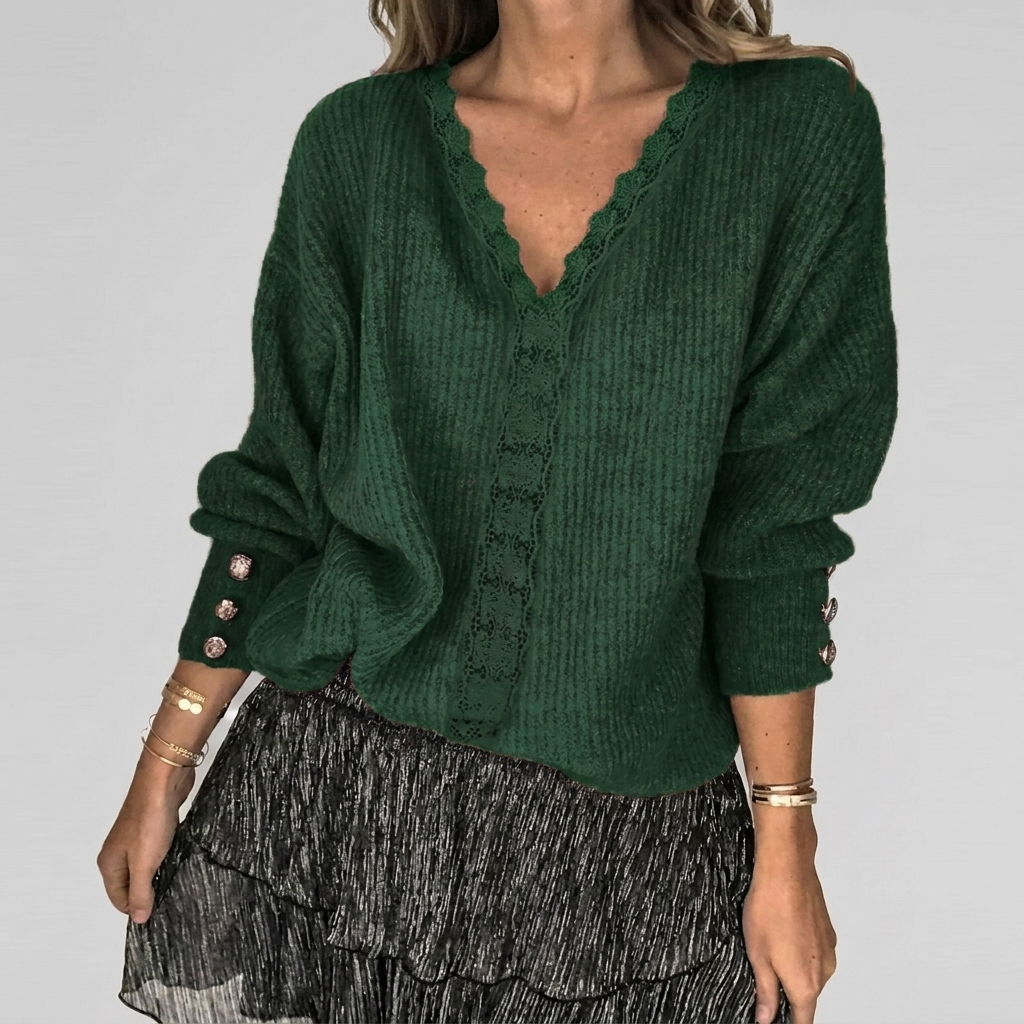Dames blouse met lange mouwen, V-hals en opengewerkte afwerking, een must-have voor de zomer.