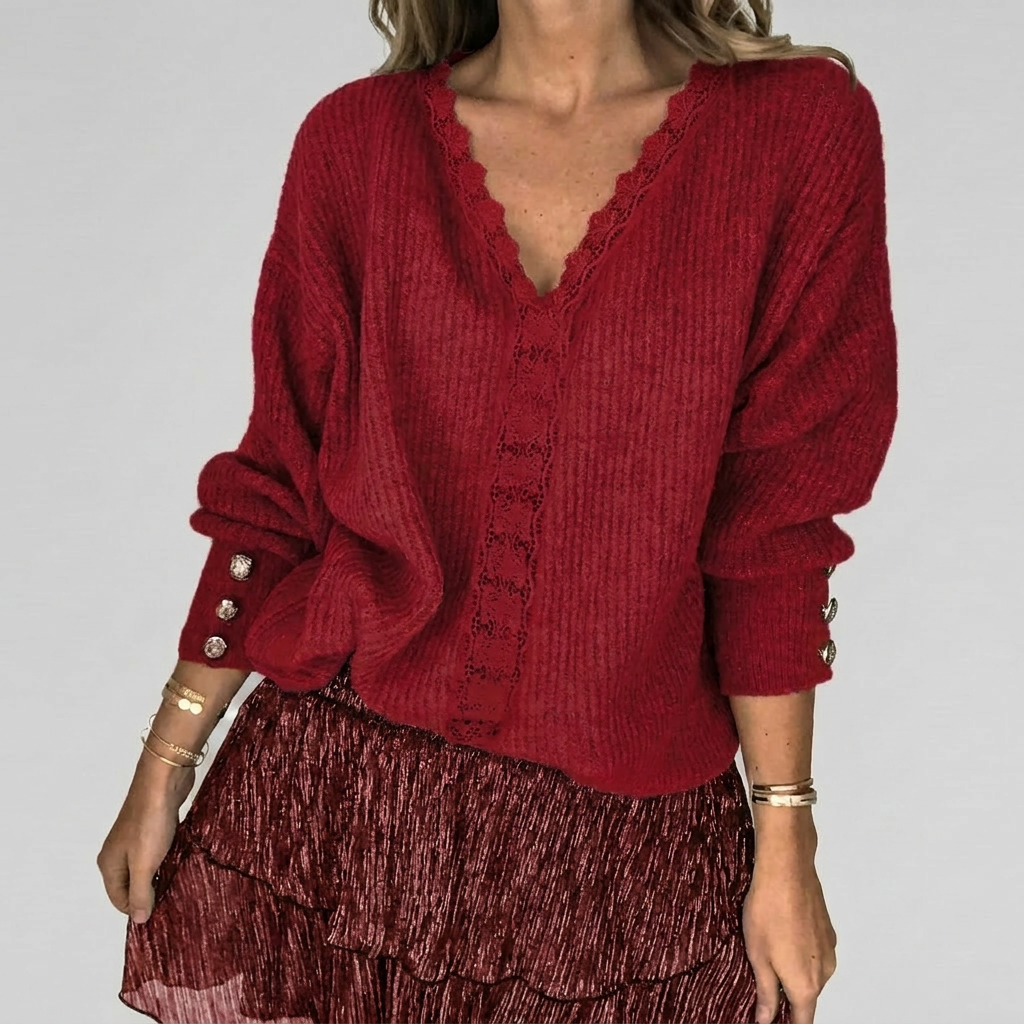 Trendy damesblouse met V-hals en opengewerkte details, een lichtgewicht en stijlvolle keuze voor de zomer.