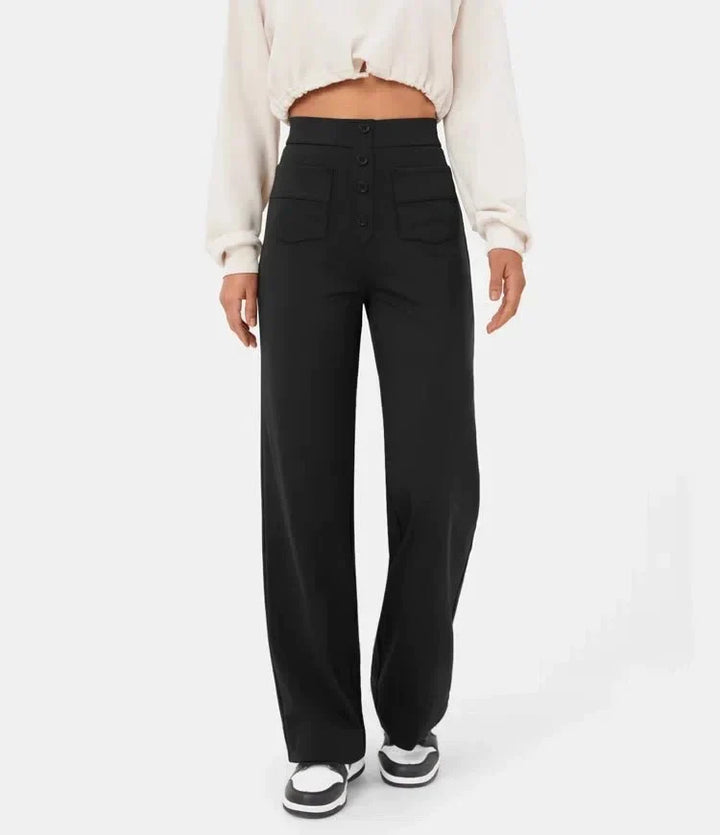 Dagelijkse comfort: elastische damesbroek met hoge taille en trendy rechte pijpen.