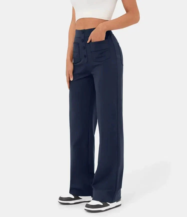 Trendy dames kleding: veelzijdige broek met hoge taille en klassieke rechte pijpen.