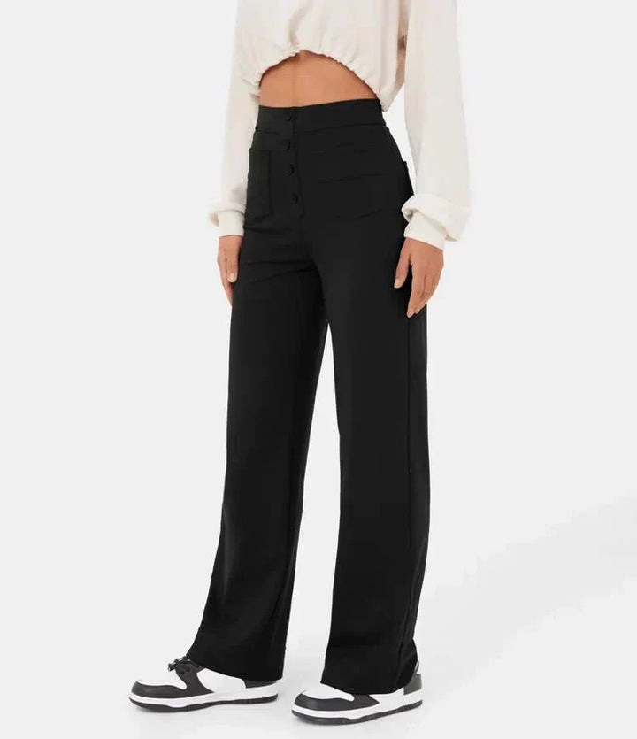 Damesbroek met hoge taille en rechte pijpen, een essentieel item voor elke garderobe.