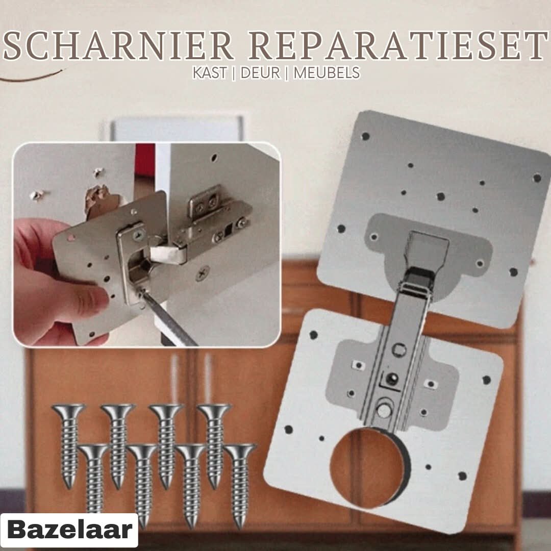 Scharnierreparatieset voor doe-het-zelf meubelonderhoud; herstelt eenvoudig losse kast- en deurscharnieren.
