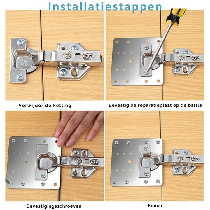 Zilverkleurige roestvrijstalen reparatieplaten en schroeven voor het versterken van wankele kastdeur scharnieren.