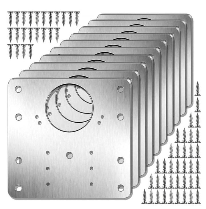Universele reparatieset met zilveren roestvrijstalen platen en schroeven voor beschadigde deur- en kastscharnieren.