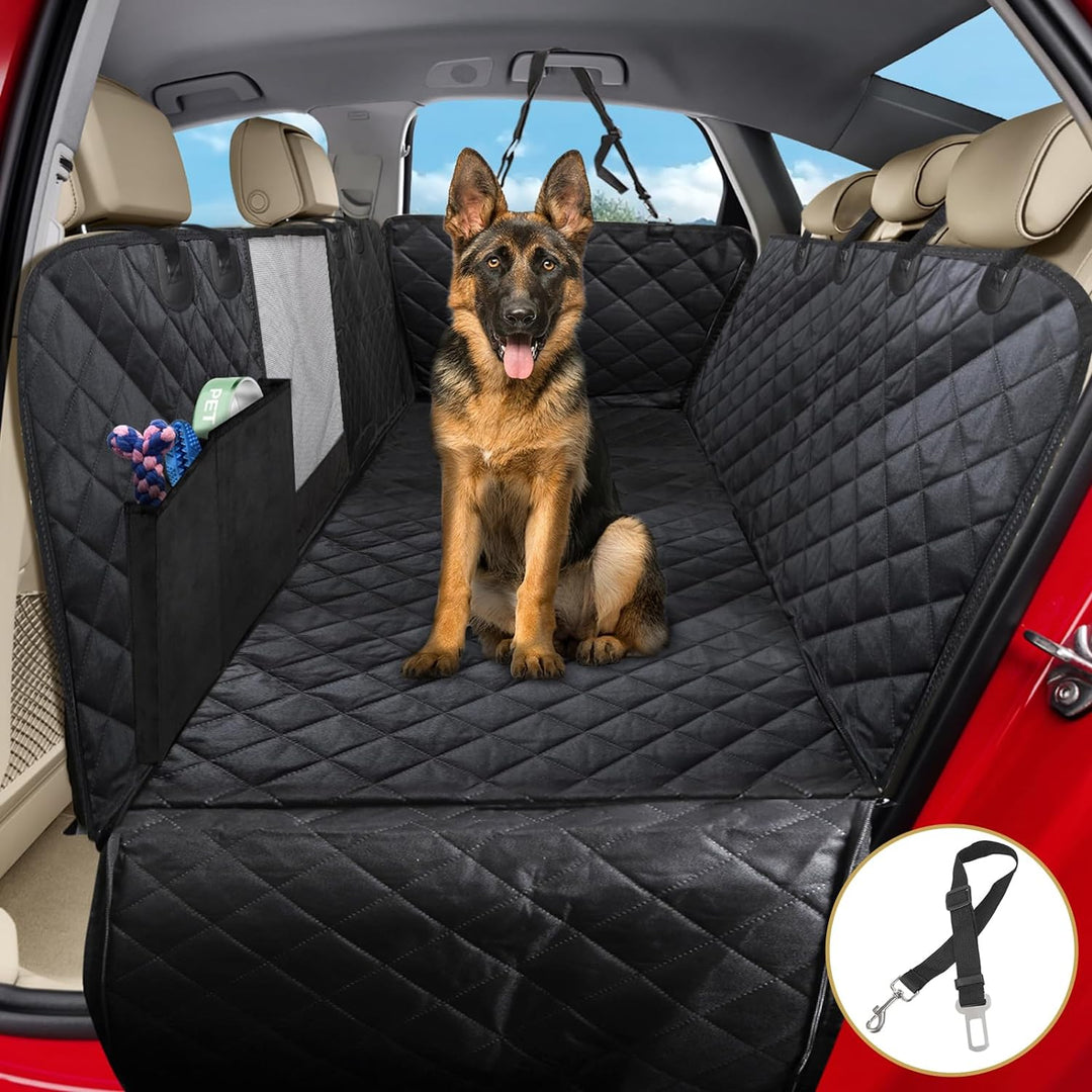 Universele 4-in-1 hondendeken voor achterbank, waterdicht met gaasvenster. Biedt veiligheid en bescherming voor uw hond in de auto.