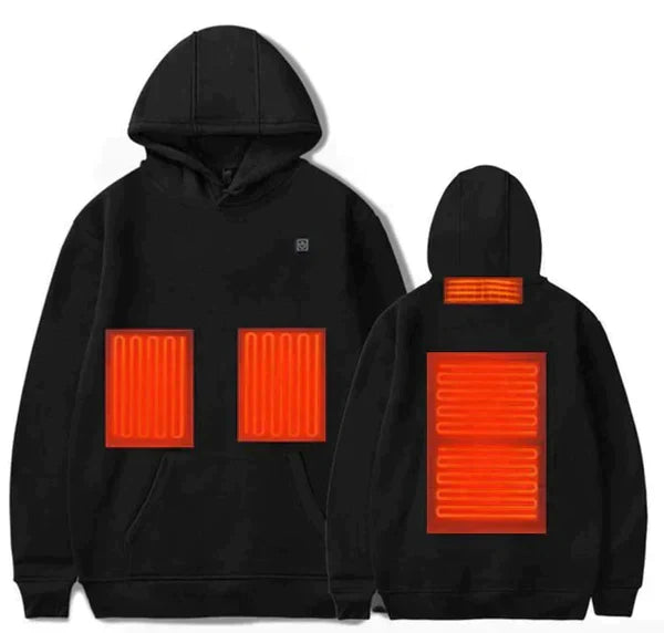 Zwarte ThermaHoodie, een verwarmde uniseks hoodie, ideaal voor winter en herfst comfort.