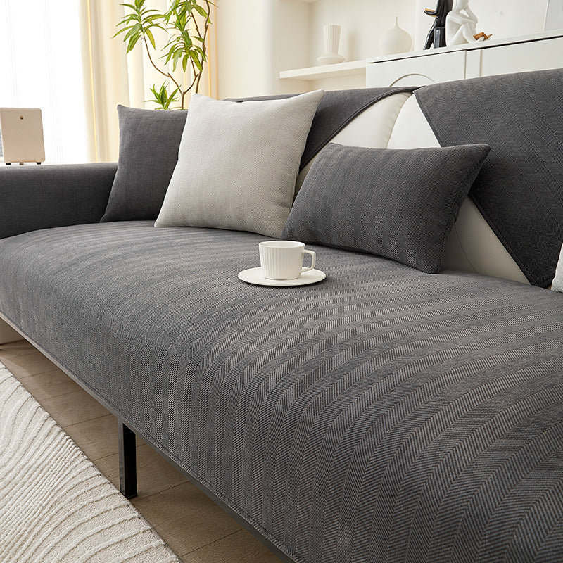 Praktische chenille bankhoes, antislip, met elegant visgraatdessin, makkelijk te reinigen.