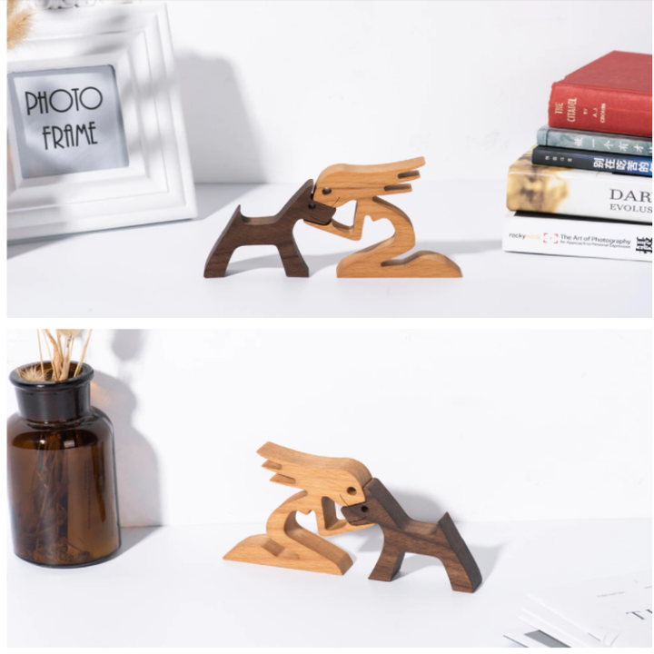 Gedetailleerd handgemaakt houten beeldje van een mens en hond, perfect als kunstdecoratie of cadeau.