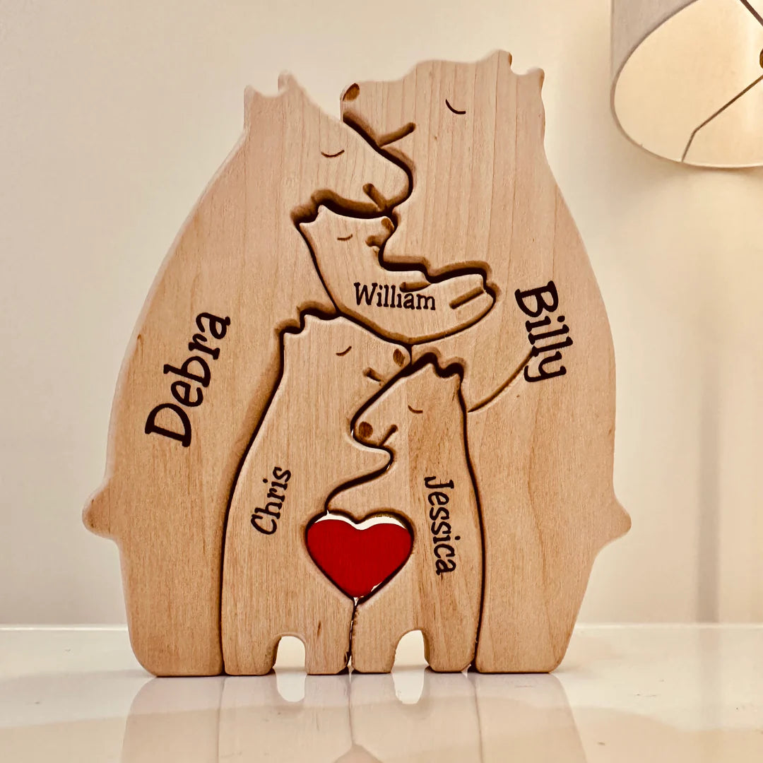 Houten berenfamilie decor voor schouw of plank, een sfeervol stukje houtsnijwerk in uw woonkamer.