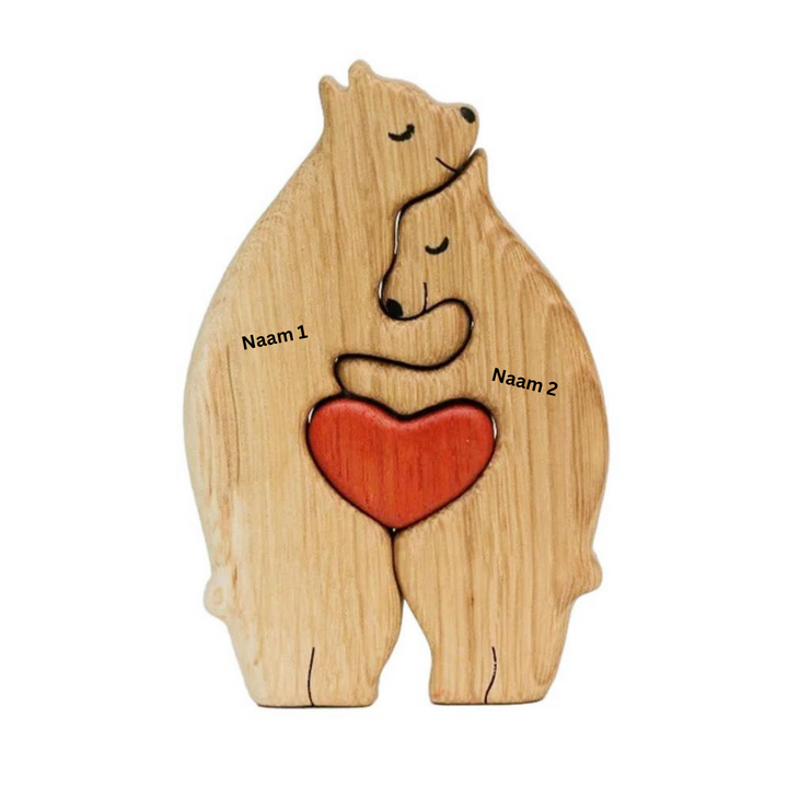 Uniek persoonlijk cadeau: een houten berenfamilie decor, ideaal als warmtegevende huisdecoratie.