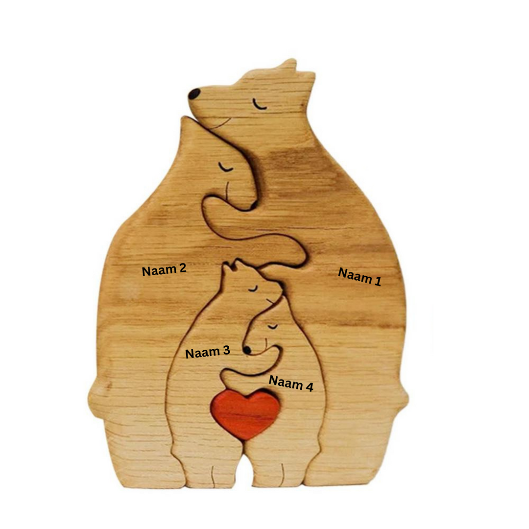 Houten berenfamilie set, bestaande uit moeder beer en kleintjes, sfeervolle en unieke woondecoratie.