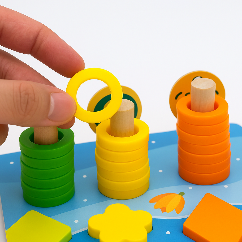 "Houten Montessori speelbord met educatieve elementen zoals cijfers en vormen, duurzaam en kleurrijk voor baby en peuter."