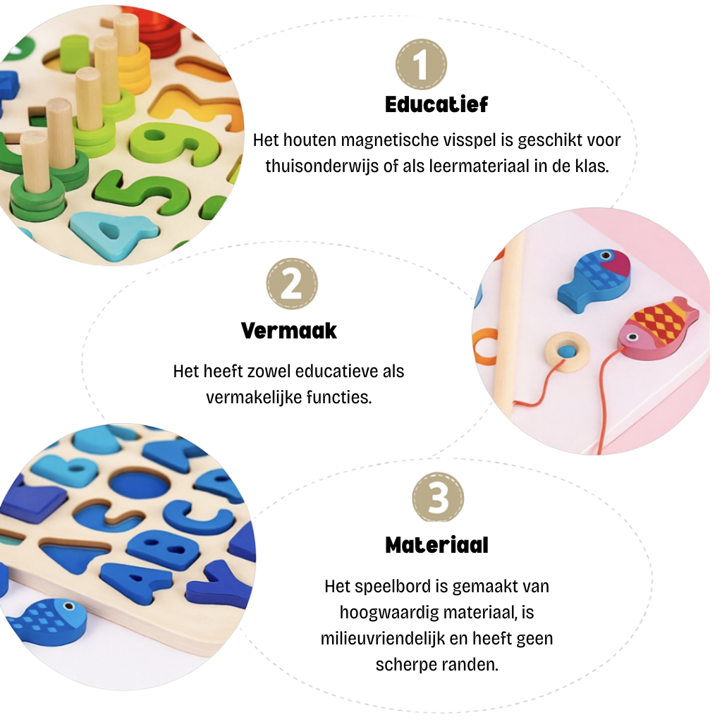 "Houten Montessori speelbord met educatieve elementen zoals cijfers en vormen, duurzaam en kleurrijk voor baby en peuter."