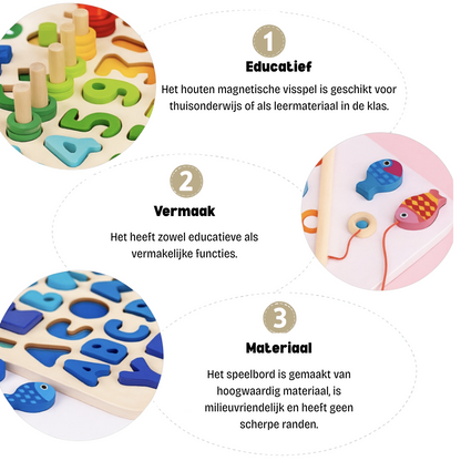 "Houten Montessori speelbord met educatieve elementen zoals cijfers en vormen, duurzaam en kleurrijk voor baby en peuter."