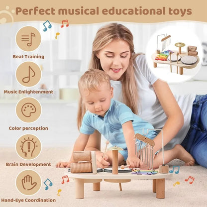 "Houten muziekspeelset voor baby's met drum en gong, bevordert creativiteit en motorische vaardigheden, duurzame constructie.