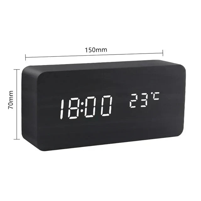 Kantoor wekker: houtlook, LED display, spraakbesturing en temperatuur. Stijlvol en functioneel bureau decoratie.