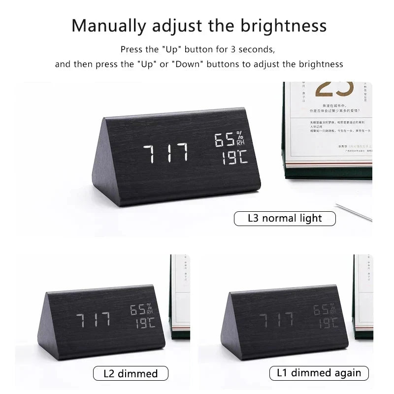 Intuïtieve houtlook wekker met spraakbesturing, helder LED display en temperatuurweergave. Gemakkelijk te bedienen.