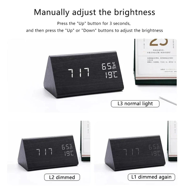 Intuïtieve houtlook wekker met spraakbesturing, helder LED display en temperatuurweergave. Gemakkelijk te bedienen.