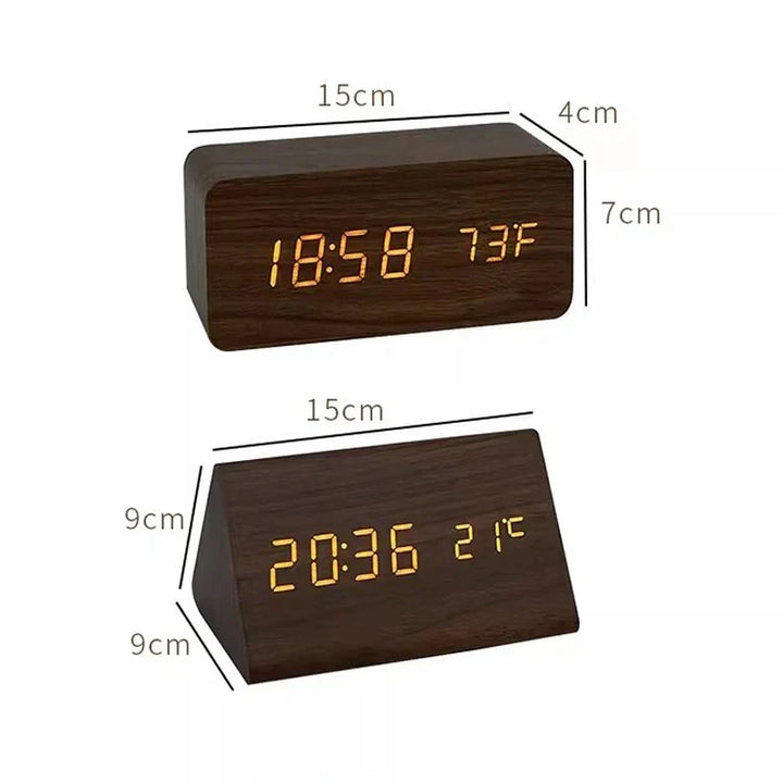 Digitale wekker met spraakbesturing, houtlook design en LED display voor tijd en kamertemperatuur. Geschikt slaapkamer.