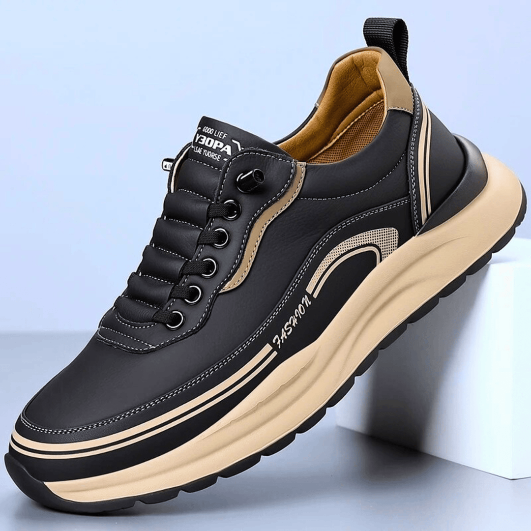 Stijlvolle heren platform sneakers met vetersluiting en trendy gestreepte details voor een moderne uitstraling.