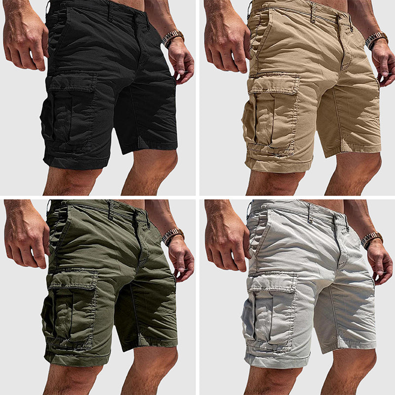 Moderne heren cargo shorts, verkrijgbaar in groen, zwart en beige, met praktische opbergzakken.