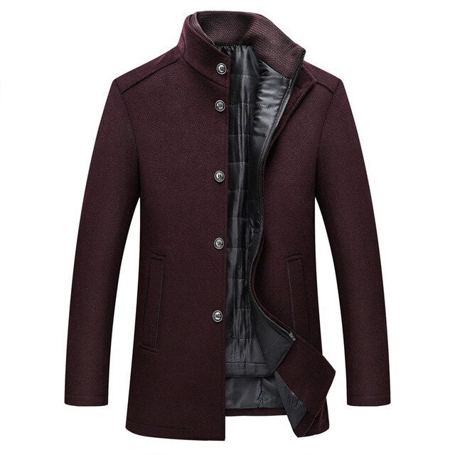 Heren enkele-breasted wollen winterjas, warm en stijlvol. Perfecte bovenkleding voor herenmode in herfst/winter.