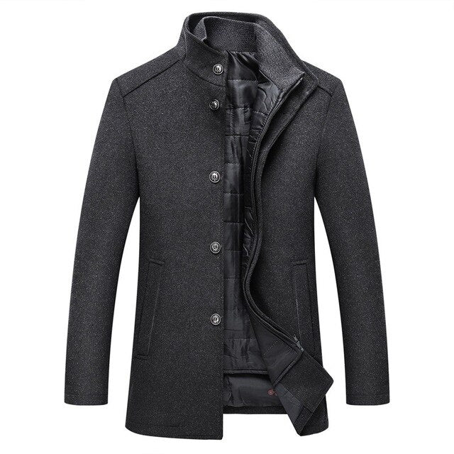 Stijlvolle heren winterjas van wol, comfortabel en warm. Enkele-breasted design, perfecte buitenkleding voor mannen.