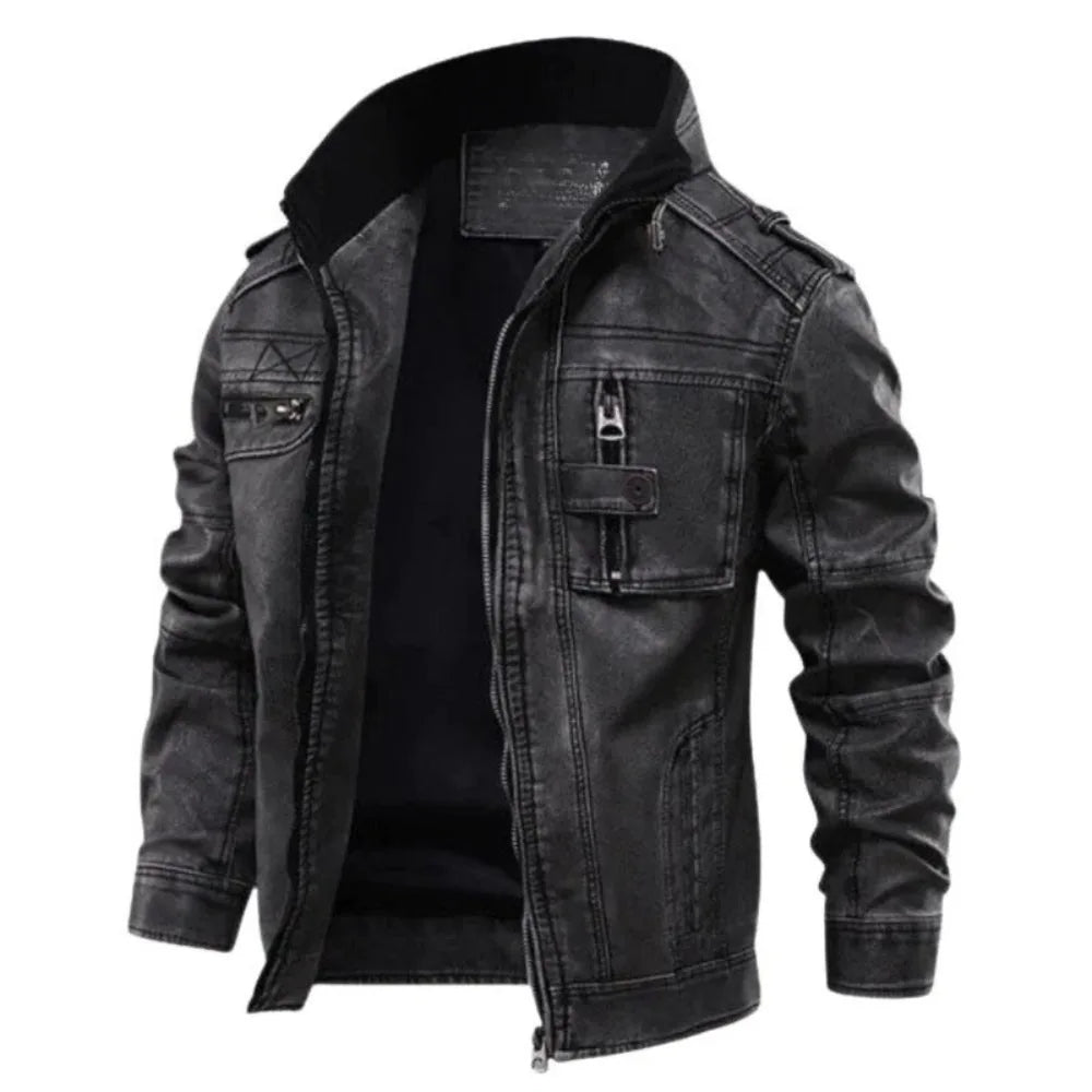 Zwarte herenjas met mandarijnkraag, rits en epauletten. Stijlvolle, tijdloze smart-casual bovenkleding voor heren.