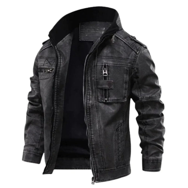 Zwarte herenjas met mandarijnkraag, rits en epauletten. Stijlvolle, tijdloze smart-casual bovenkleding voor heren.