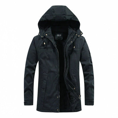 Hunter winterjas voor heren met fleece voering, robuuste buitenlaag en afneembare capuchon; stijlvol en warm in de kou.