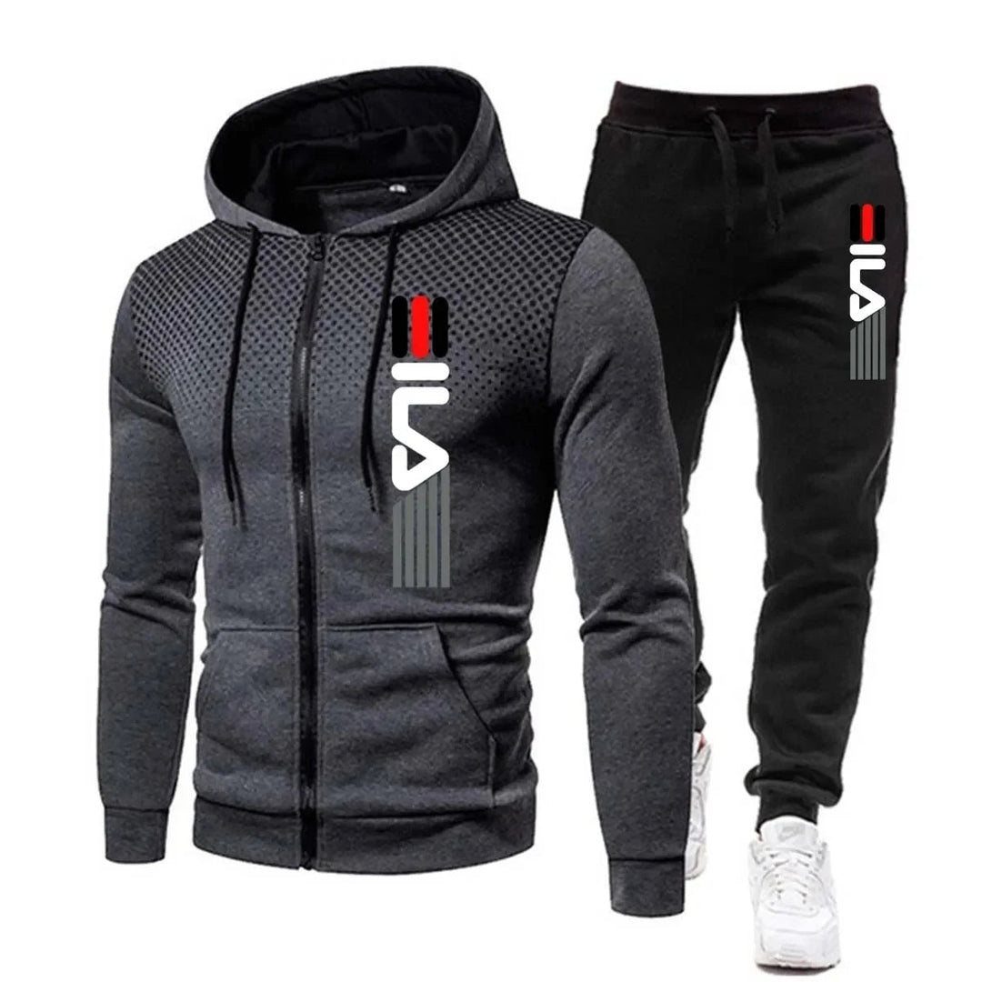 Detaillering van de zachte stof van het heren sportieve tracksuit. Comfortabele winterkleding voor dagelijks gebruik.