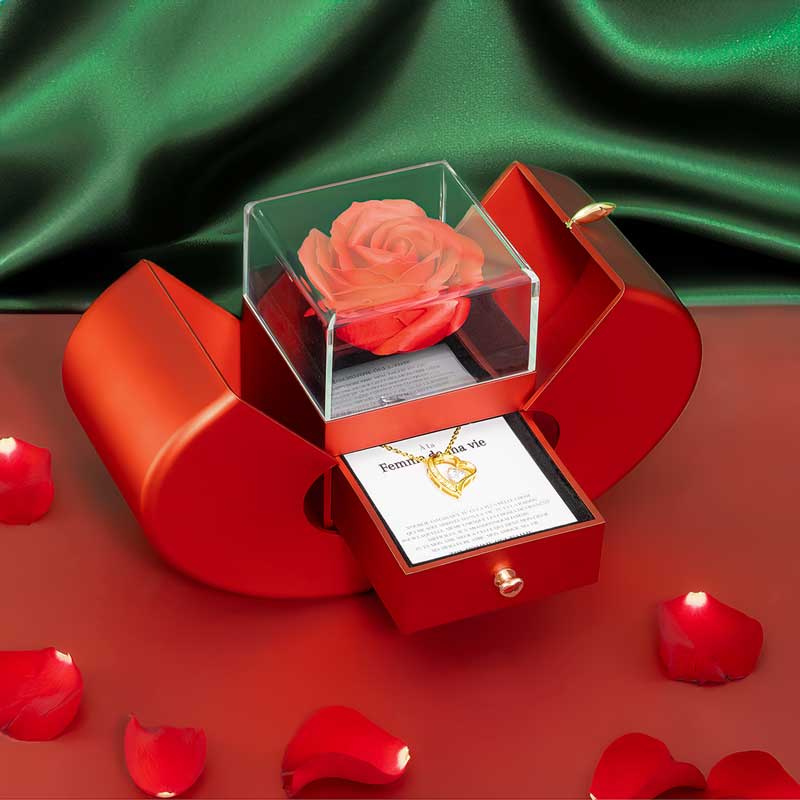 Complete dames sieradenset met een eeuwige roos en een stralend liefdes collier, cadeau idee.