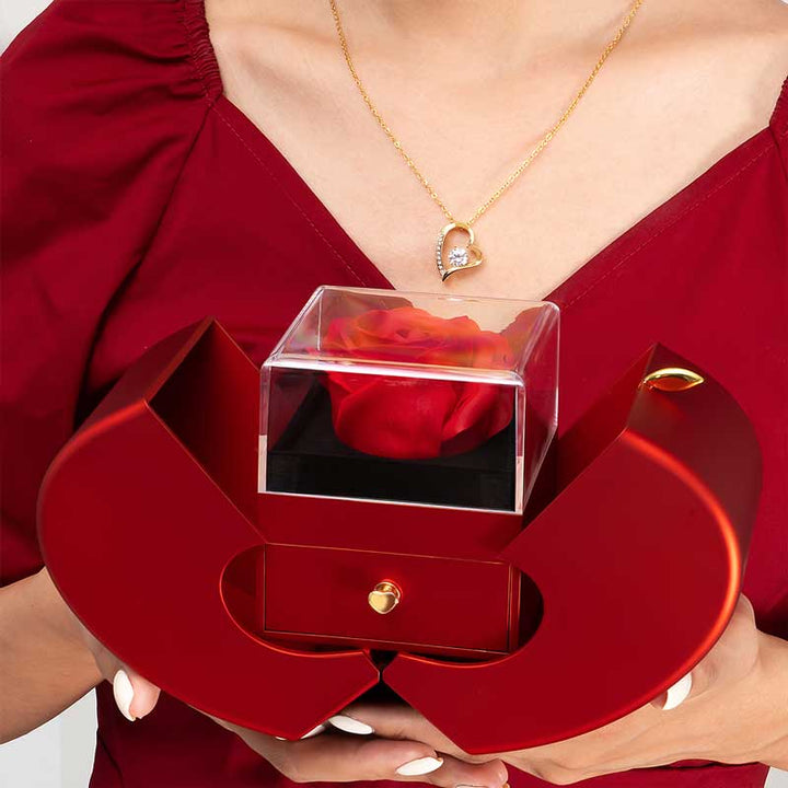 Romantisch geschenk: dames sieradenset met eeuwige roos en elegant liefdes collier voor vrouwen.
