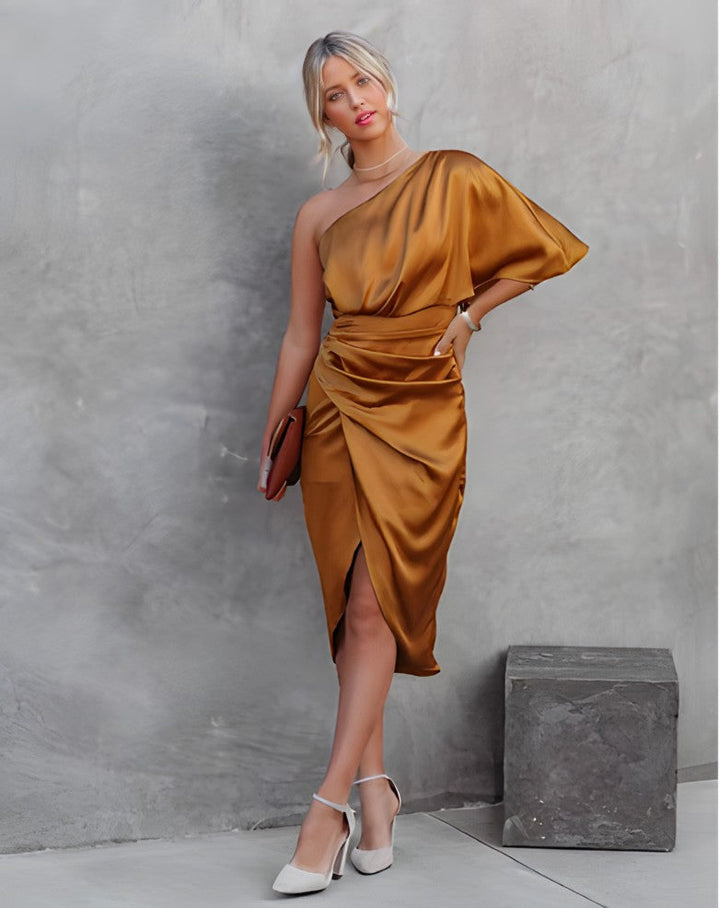 Moderne asymmetrische off-shoulder jurk voor dames, een must-have voor uw garderobe.