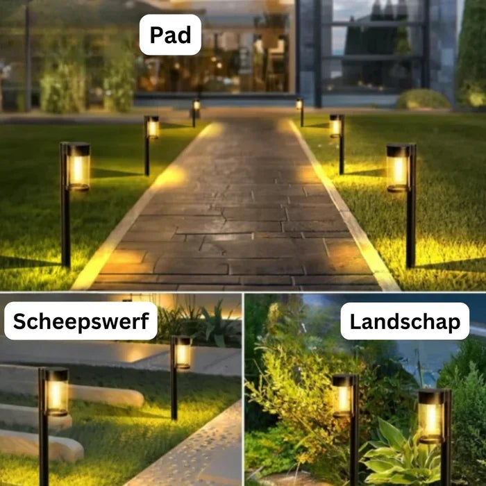 Luxe design solar lamp verlicht een tuinpad, energiezuinige LED tuinverlichting voor een moderne ambiance.