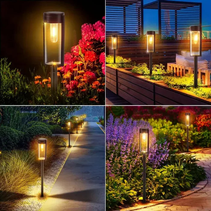 Set van luxe LED padverlichting op zonne-energie, perfect voor tuindecoratie en energiezuinige buitenverlichting.