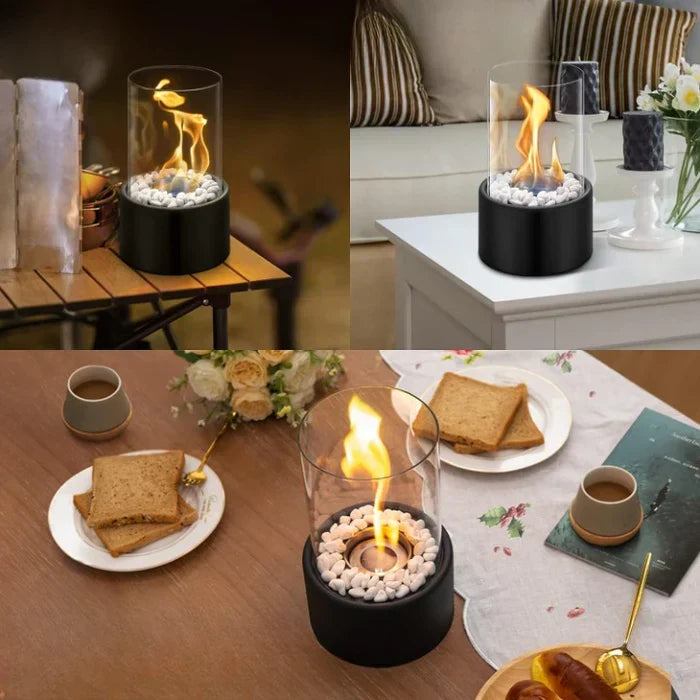 Een draagbare GlowLuxe lantaarn met een levendige vlam, perfect voor ontspannen avonden op uw terras of binnen.