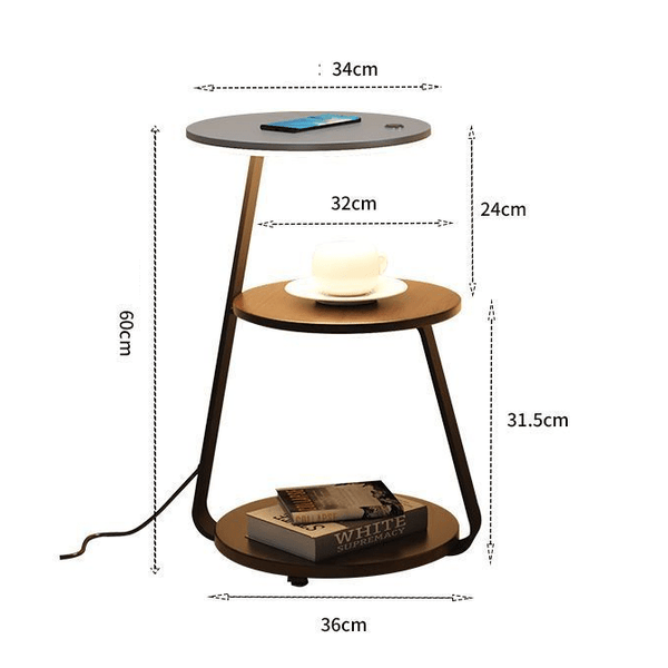 Zilveren bijzettafel met sfeerverlichting en draadloos opladen, een modern en functioneel meubelstuk.
