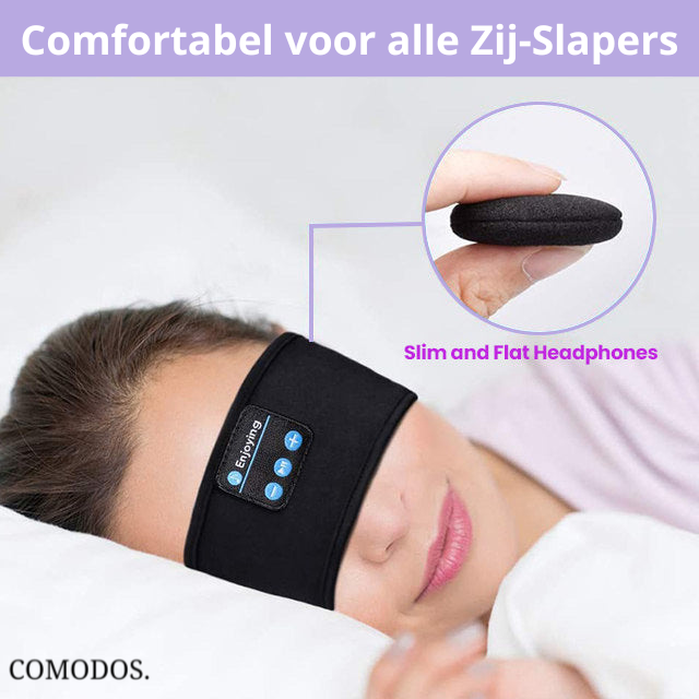 Zwart comfortabel slaapmasker met draadloze hoofdtelefoon, blokkeert licht voor diepe slaap.