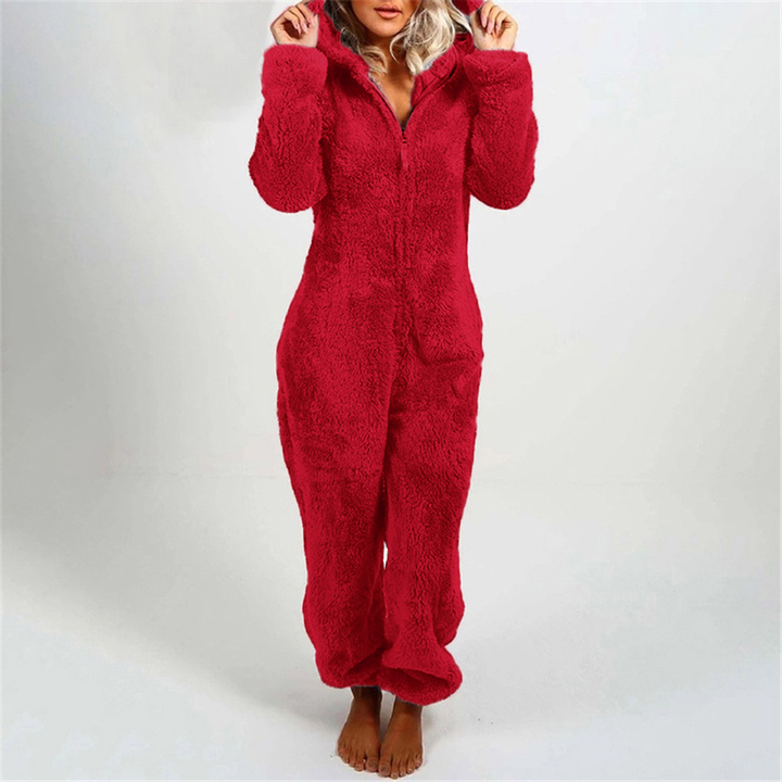 Grijze pluche jumpsuit voor dames, lange mouw pyjama, ideaal als warm huispak.