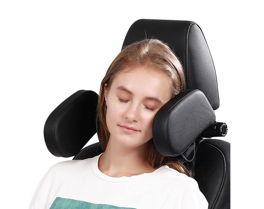 Zwarte universele auto neksteun, gemaakt van traagschuim, voor verbeterd comfort en veiligheid in elke auto.