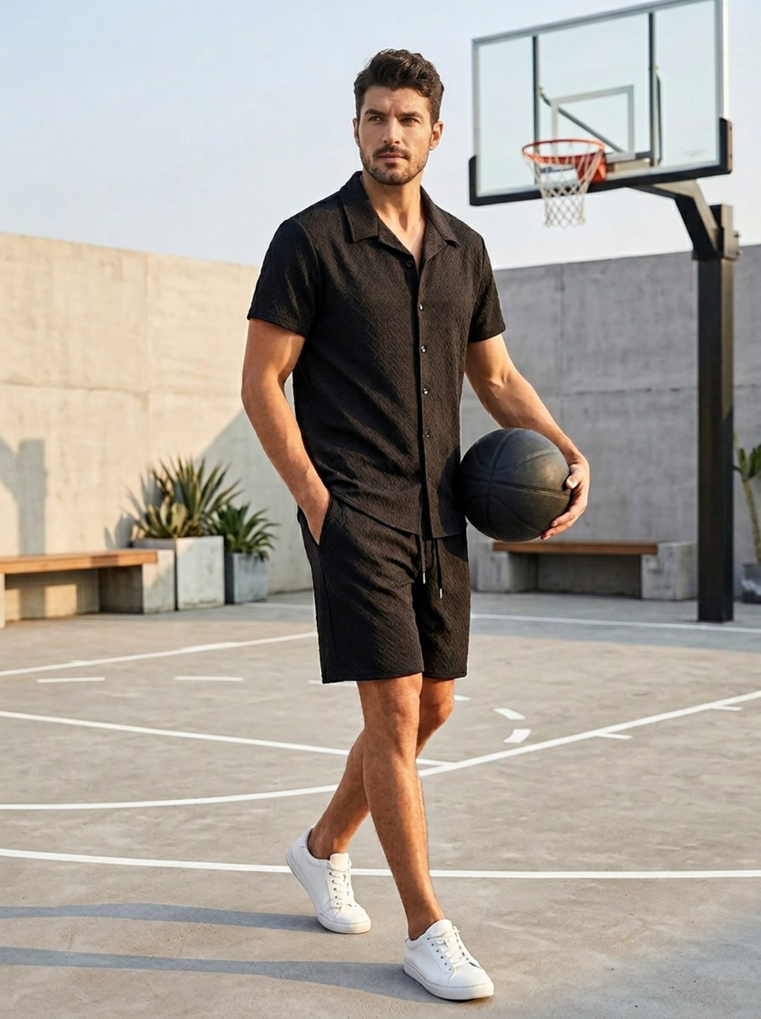 Comfortabele en stijlvolle heren zomer set met jacquard patroon shirt en bijpassende shorts. Perfect voor vakantie.
