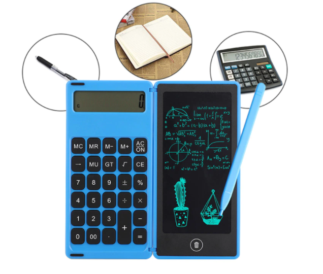 Slanke draagbare rekenmachine met LCD-scherm en uitwisbaar schrijftablet, perfect voor onderweg.