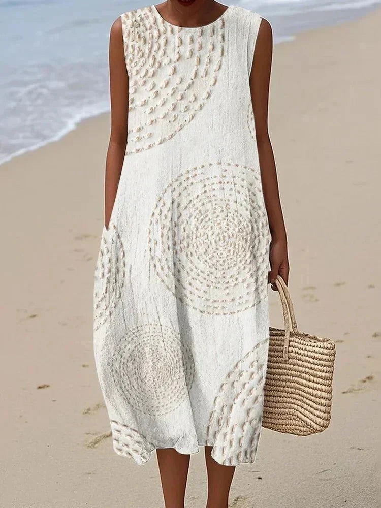 Casual dames zomerjurk, mouwloos met subtiel ruitdessin, een comfortabele midi jurk.