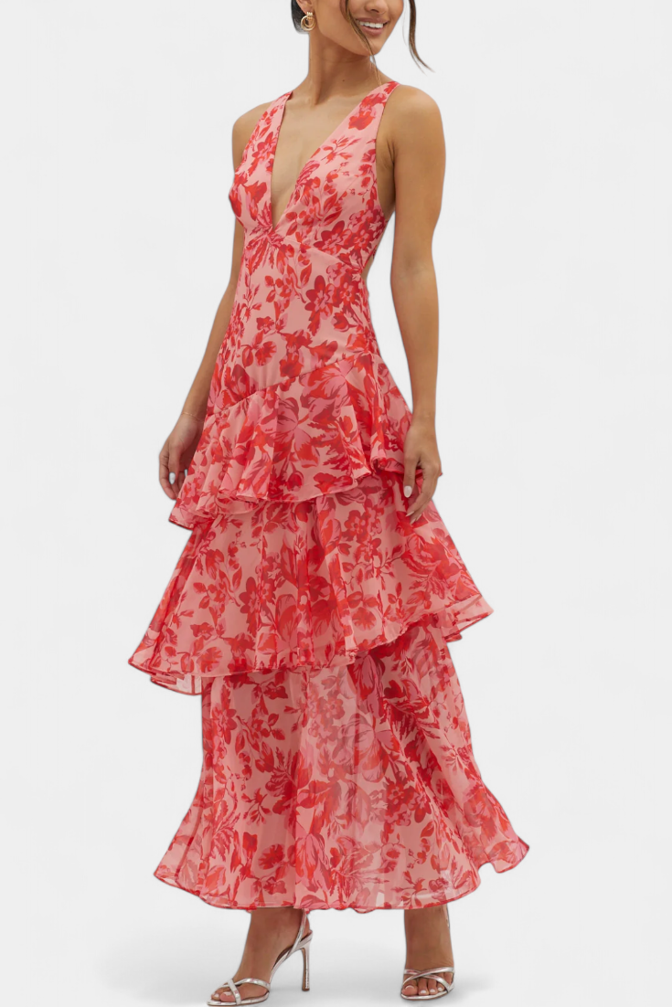 Kleurrijke dames v-hals maxi-jurk, comfortabel en gelaagd, perfect voor een strandfeest in de zomer.