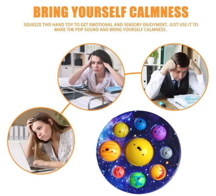 Antistress fidget speelgoed met planeten voor kinderen en volwassenen, bevordert kalmte en concentratie.