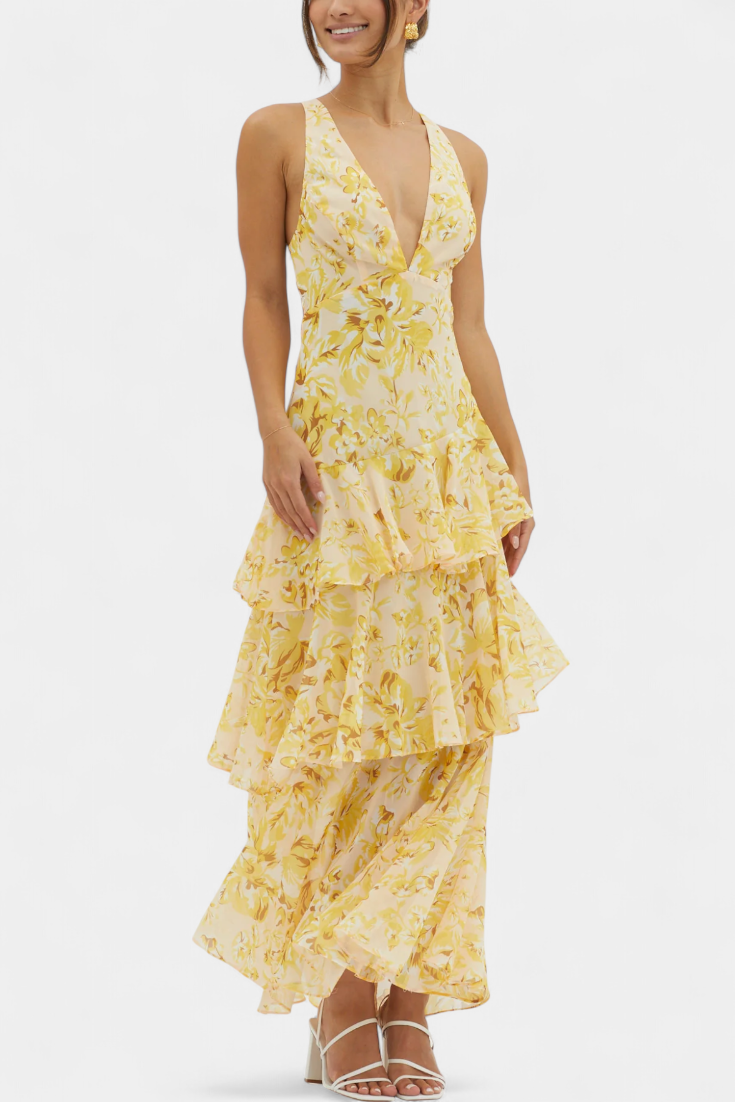 Comfortabele v-hals zomerjurk, gelaagd en kleurrijk, een perfecte casual of chique dames maxi-jurk.